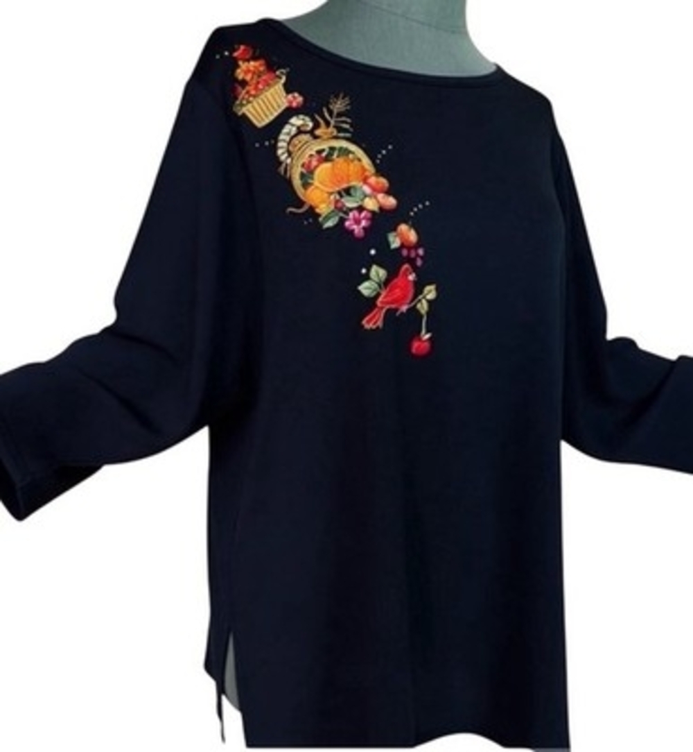 Quacker Factory Black Embroidered Cornucopia Cardinal Holiday Tunic XL NWT
